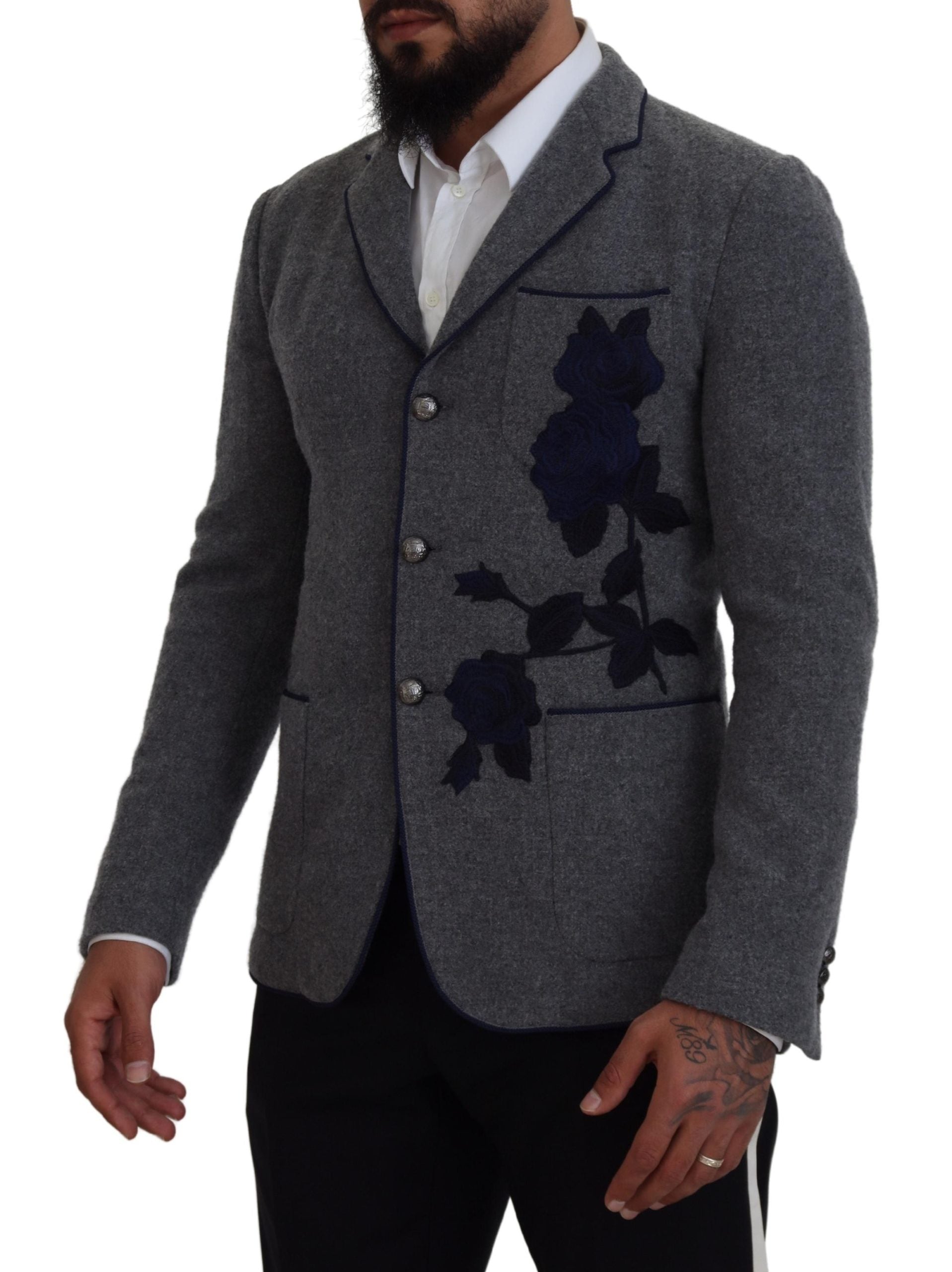 Dolce & Gabbana Graue Wolle Rosen Slim Fit Jacke Blazer