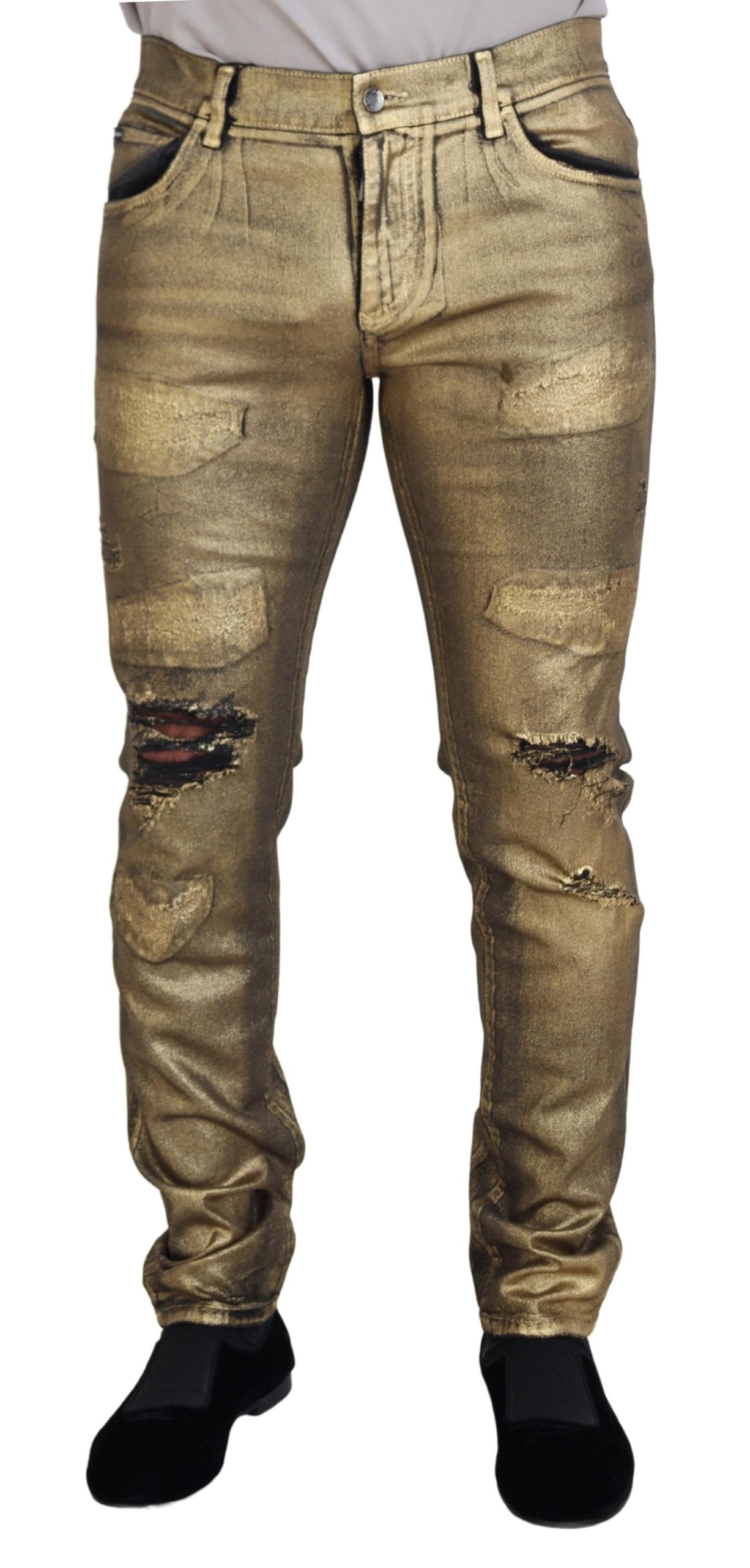 Dolce & Gabbana Gold Baumwolle zerfleddert Skinny Männer Denim Jeans