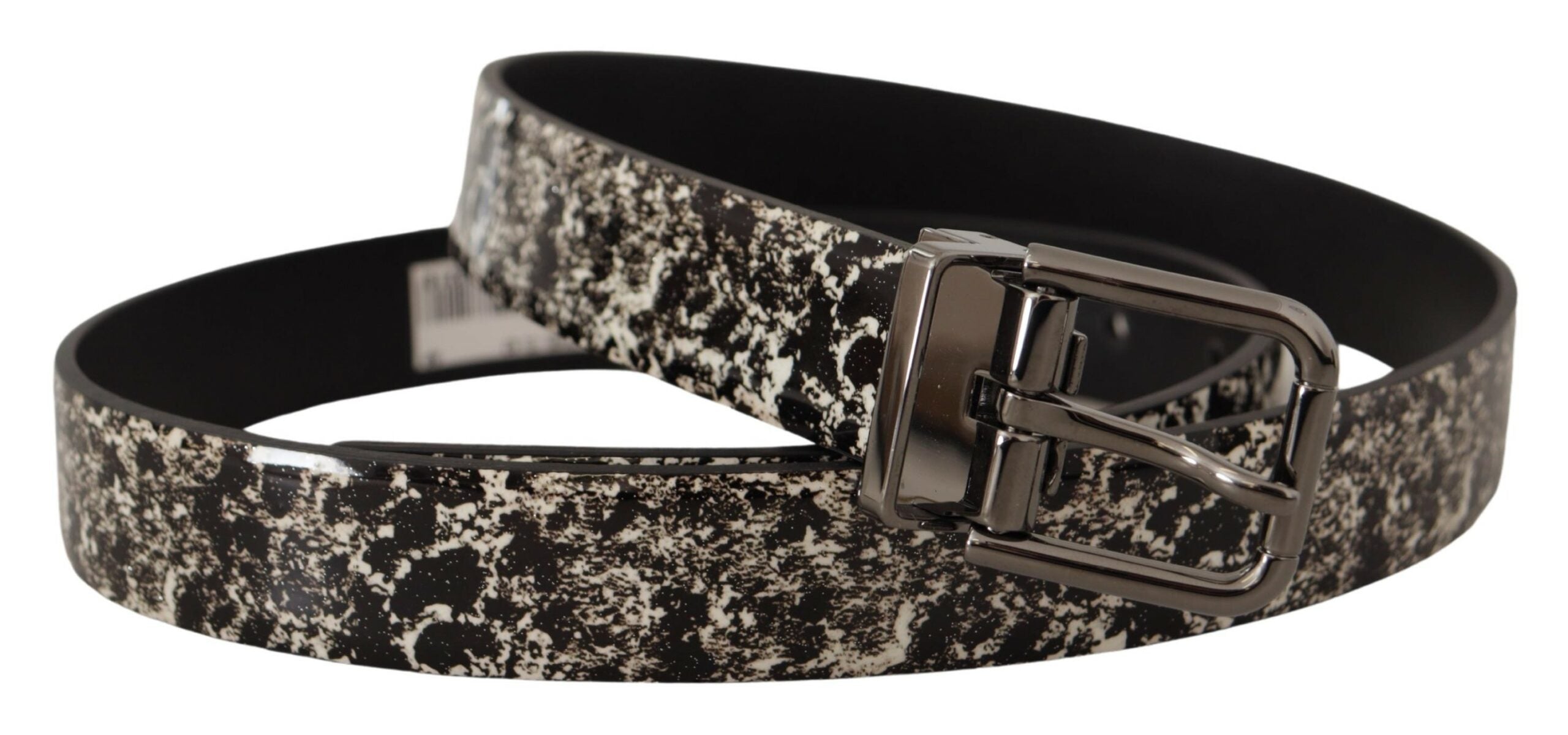 Dolce & Gabbana Schwarzer Marmorgürtel aus Leder mit grauem Logo