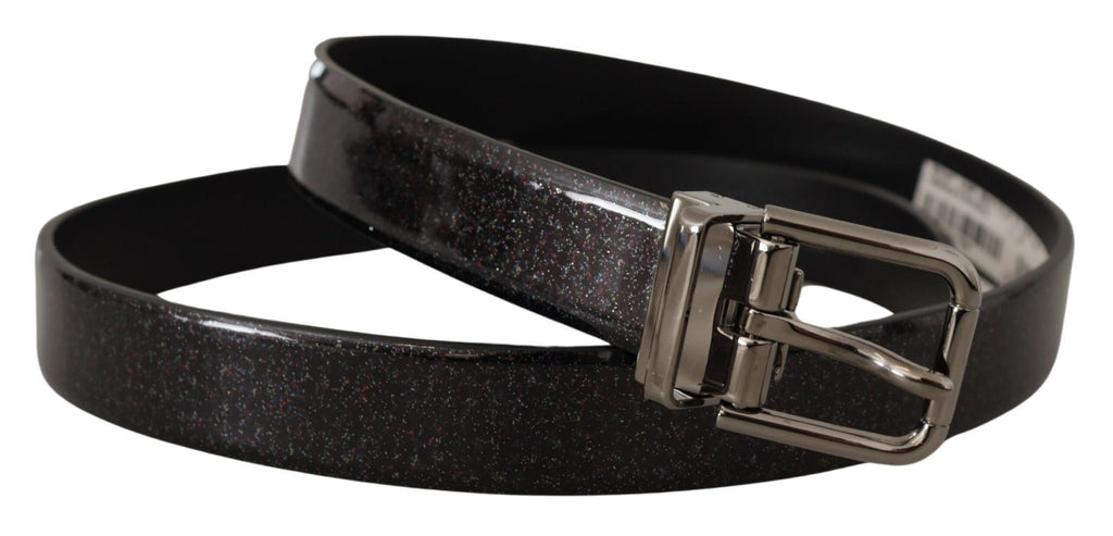Dolce & Gabbana Schwarzer Vernice Puntinata Ledergürtel mit silberfarbenem Metall