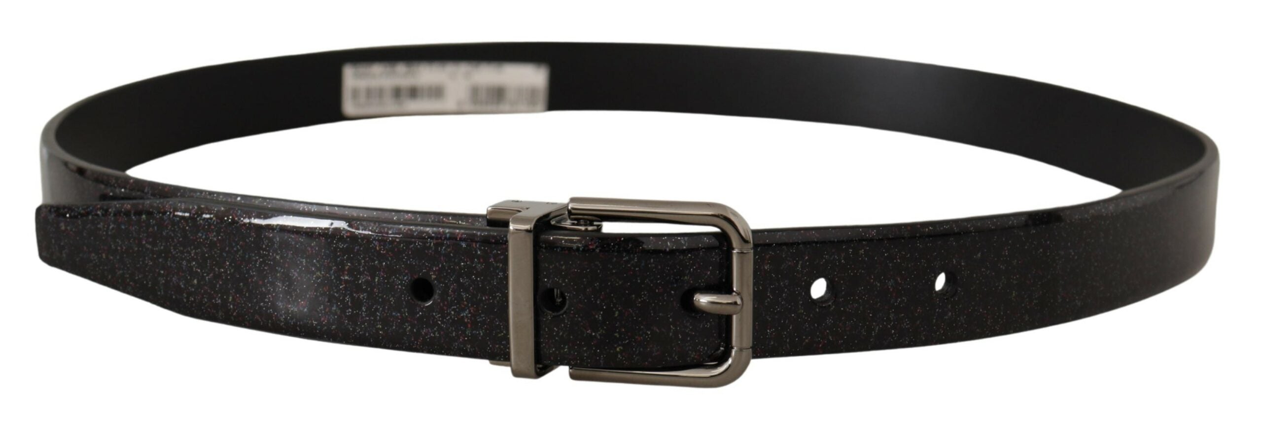 Dolce & Gabbana Schwarzer Vernice Puntinata Ledergürtel mit silberfarbenem Metall