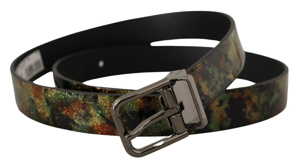 Dolce & Gabbana Schwarzes Glitzerleder Schwarzer Metallschnallengürtel