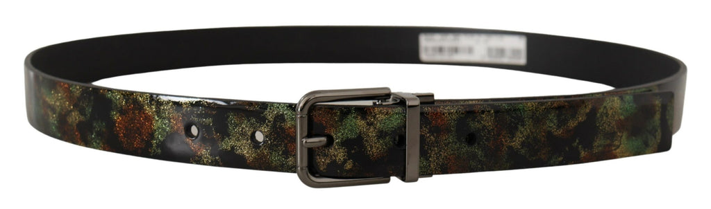 Dolce & Gabbana Schwarzes Glitzerleder Schwarzer Metallschnallengürtel
