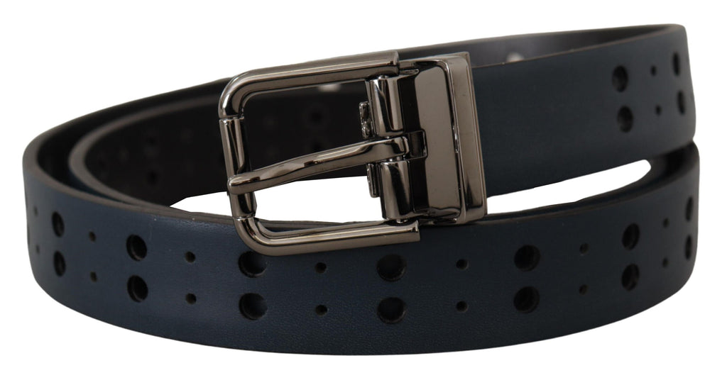 Dolce & Gabbana Blauer perforierter Skinny Leder Gürtel mit Metallschnalle