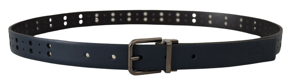 Dolce & Gabbana Blauer perforierter Skinny Leder Gürtel mit Metallschnalle