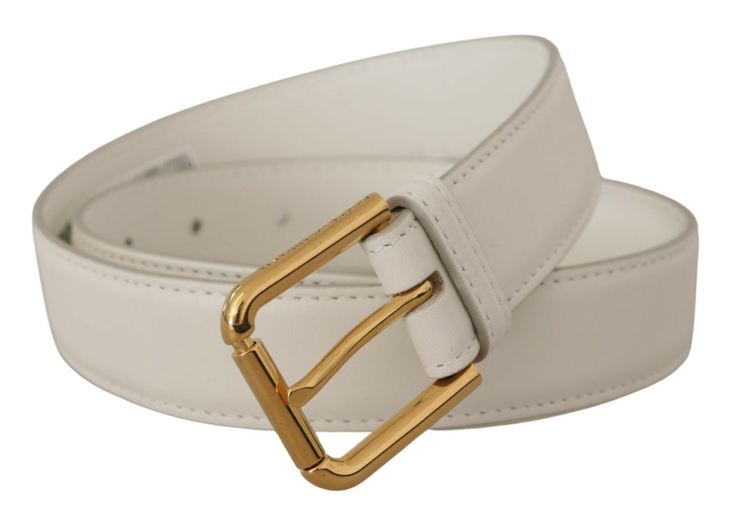 Dolce & Gabbana Weißes Kalbsleder Goldfarbenes Logo Metallschnalle Gürtel