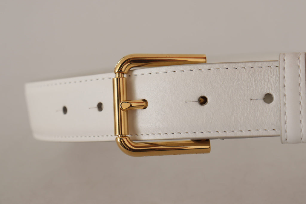 Dolce & Gabbana Weißes Kalbsleder Goldfarbenes Logo Metallschnalle Gürtel
