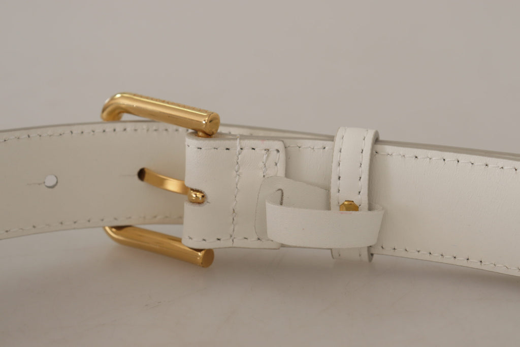 Dolce & Gabbana Weißes Kalbsleder Goldfarbenes Logo Metallschnalle Gürtel