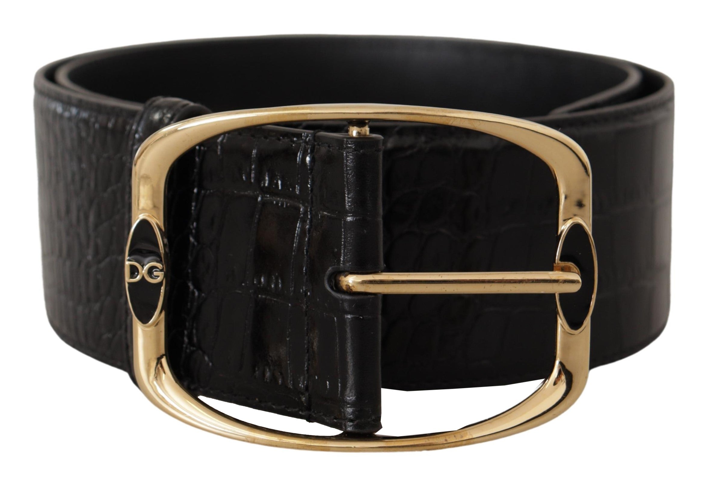 Dolce & Gabbana Schwarzer Krokodil Print Gold Metall DG Logo Schnalle Gürtel