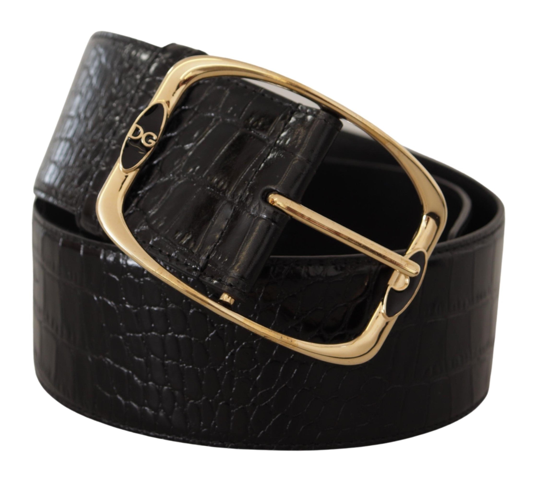 Dolce & Gabbana Schwarzer Krokodil Print Gold Metall DG Logo Schnalle Gürtel