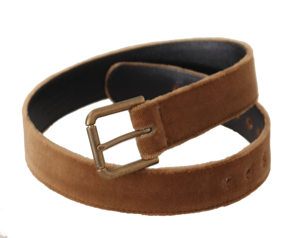 Dolce & Gabbana Brauner Samt Bronze Vintage Logo Metallschnalle Gürtel