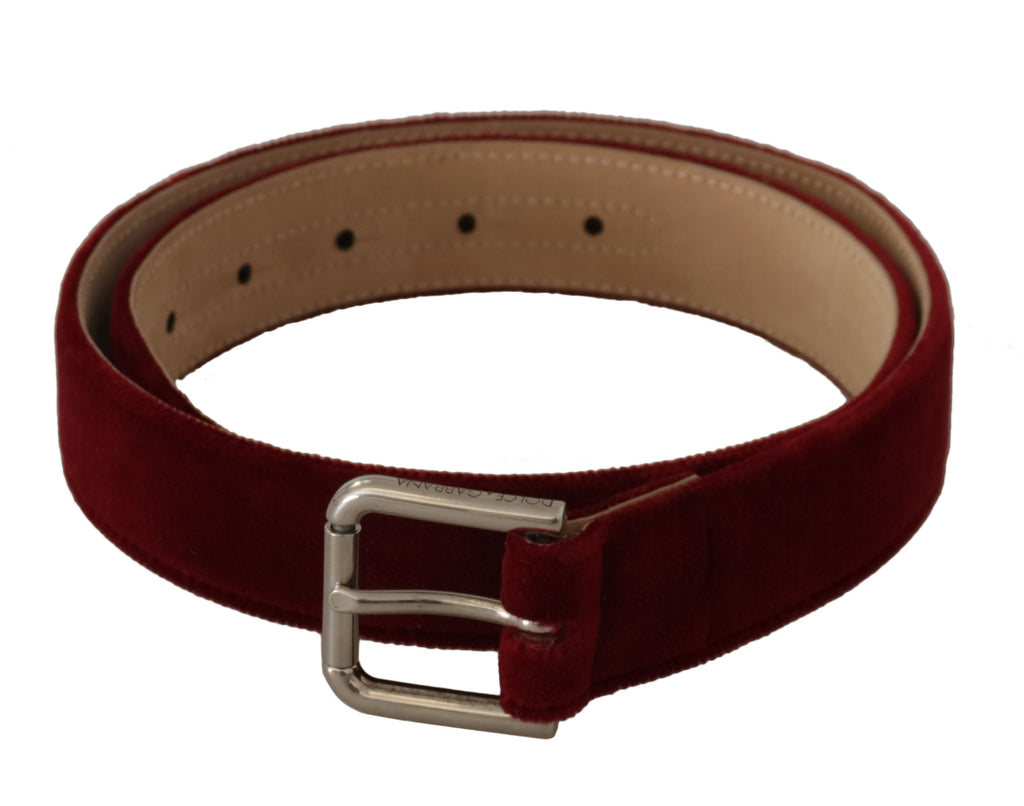 Dolce & Gabbana Red Velvet Silber Logo gravierte Metallschnalle Gürtel