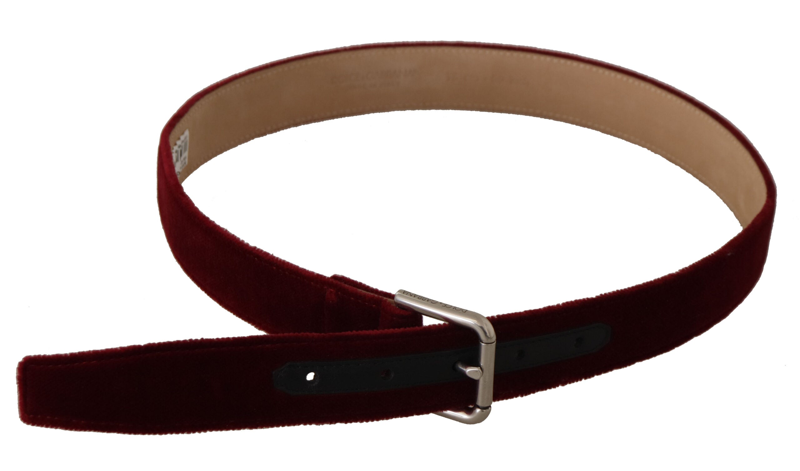 Dolce & Gabbana Red Velvet Silber Logo gravierte Metallschnalle Gürtel