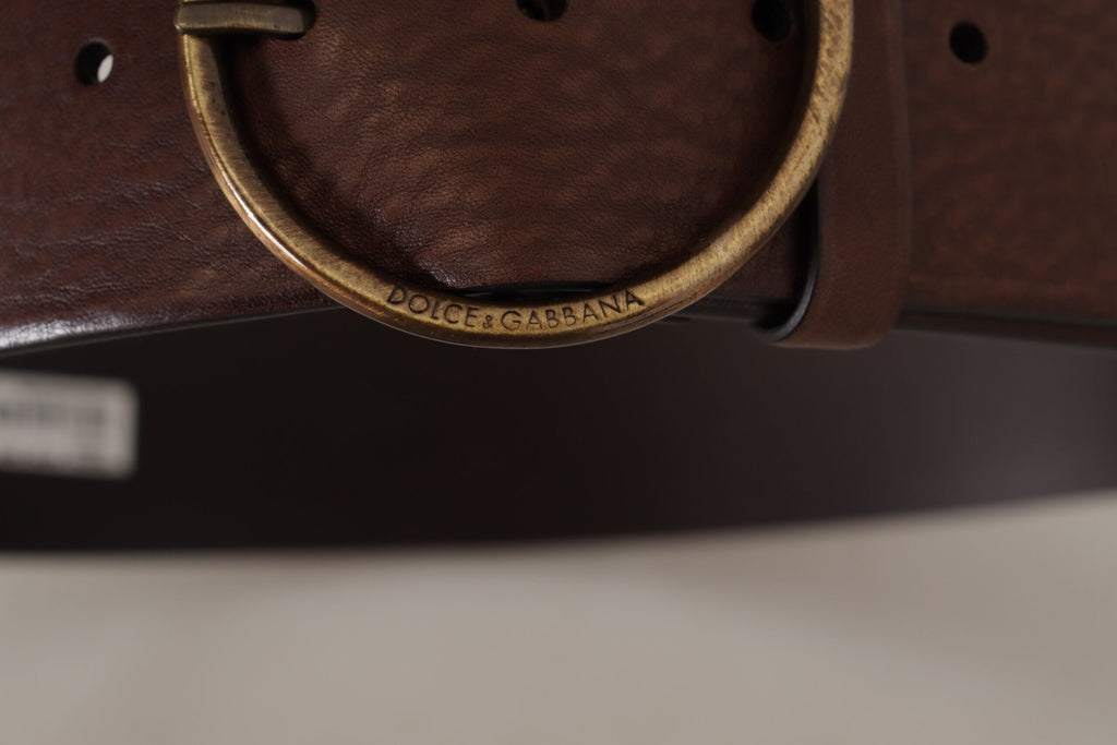 Dolce & Gabbana Brauner breiter Ledergürtel mit Logo und runder Metallschnalle