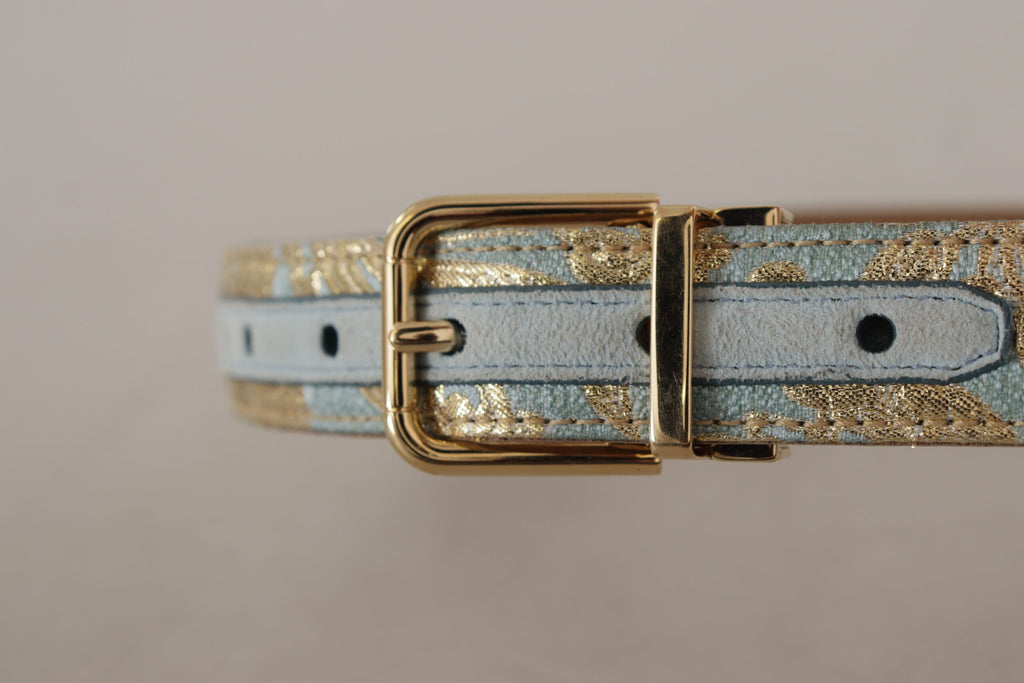 Dolce & Gabbana Blauer Leder-Jacquardgürtel mit geprägter goldener Metallschnalle