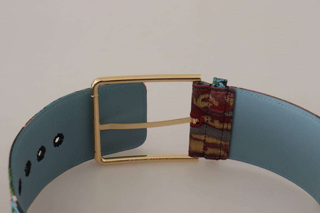 Dolce & Gabbana Mehrfarbiger bestickter Ledergürtel mit goldener Metallschnalle