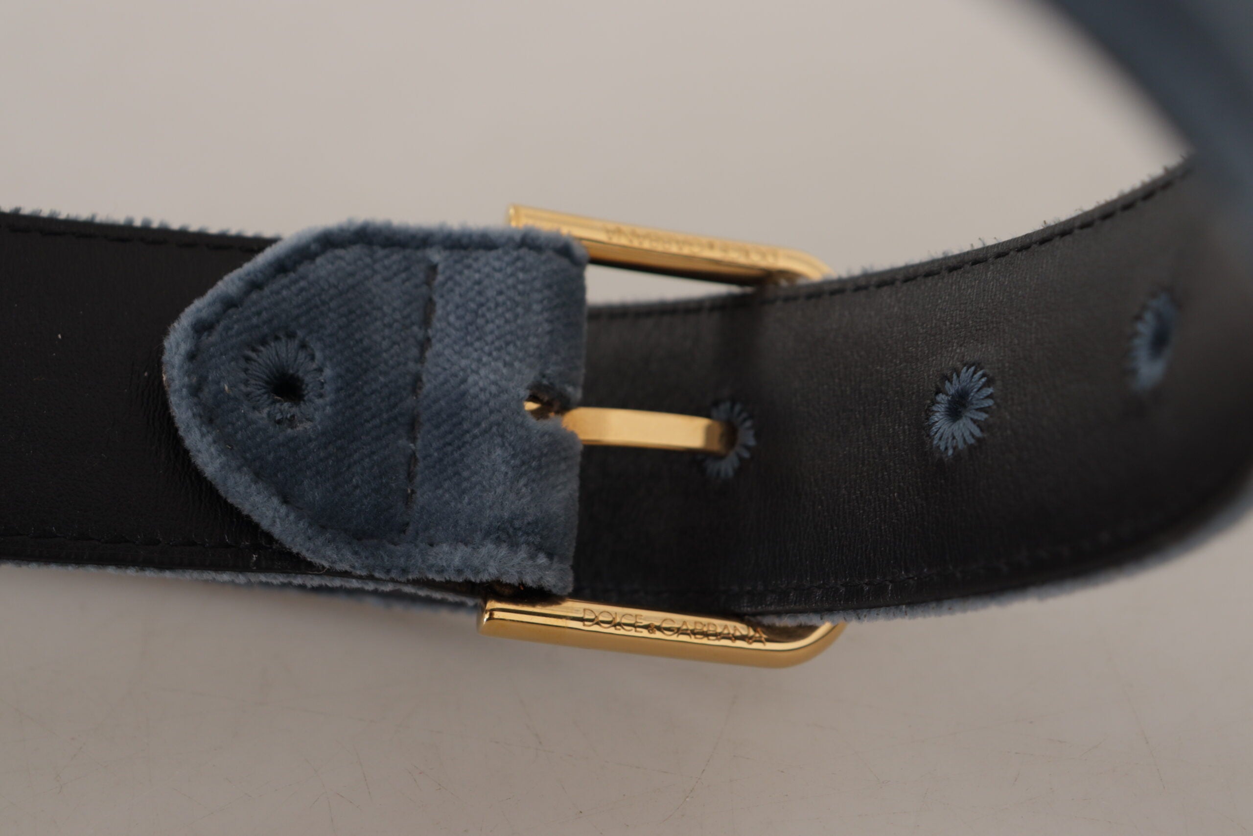 Dolce & Gabbana Marineblauer Samtgürtel mit goldener Metall-Logo-Gürtelschnalle