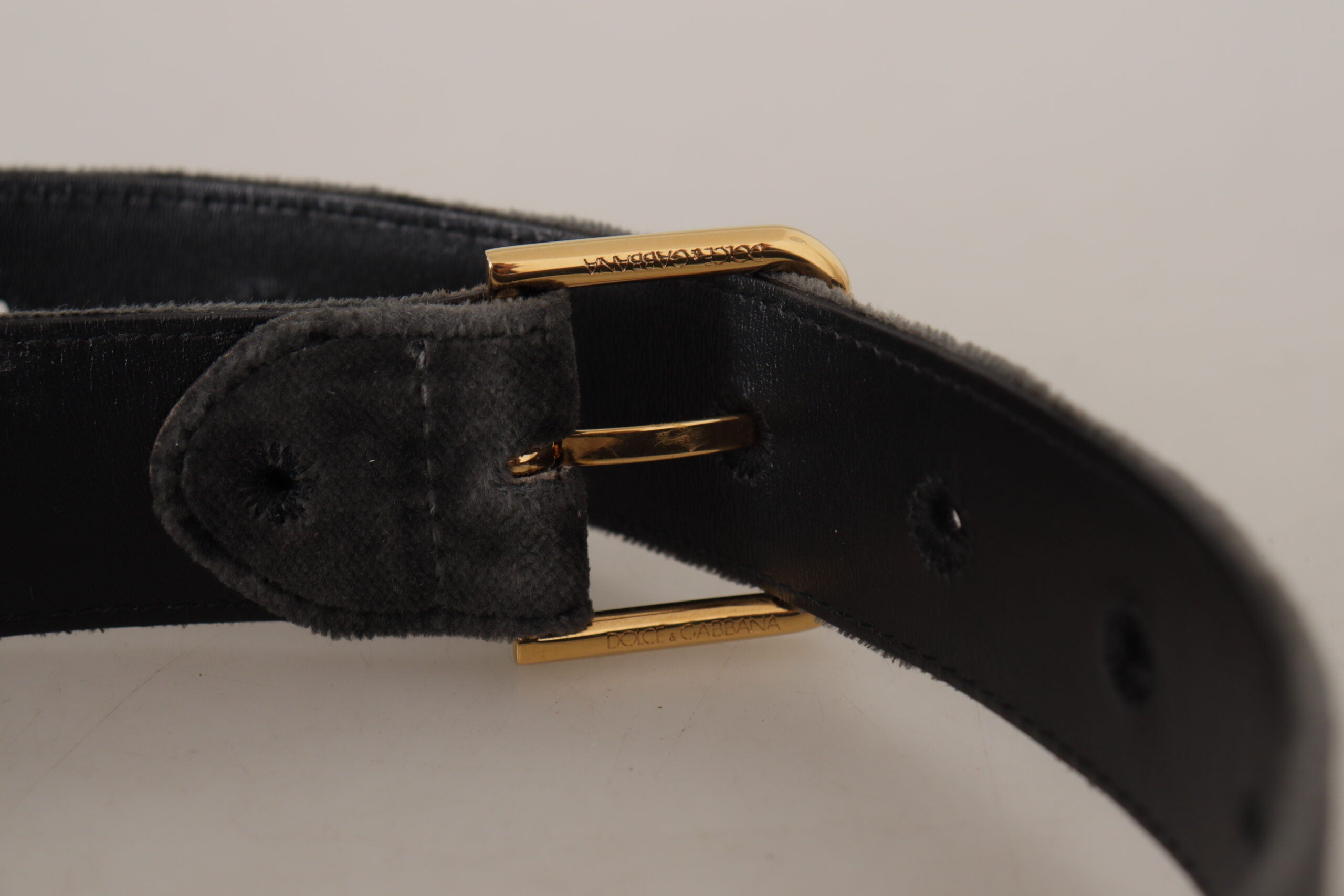 Dolce & Gabbana Brauner Samt Goldton Logo Metall Gürtelschnalle