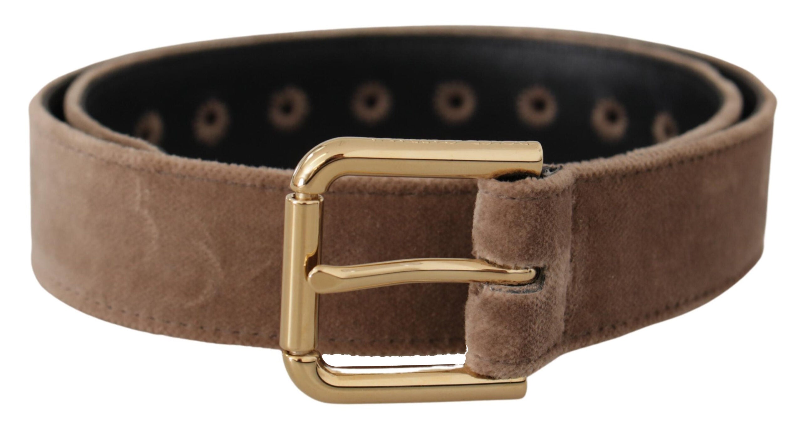 Dolce & Gabbana Hellbrauner Samtgürtel mit goldfarbener Logo-Metallschnalle