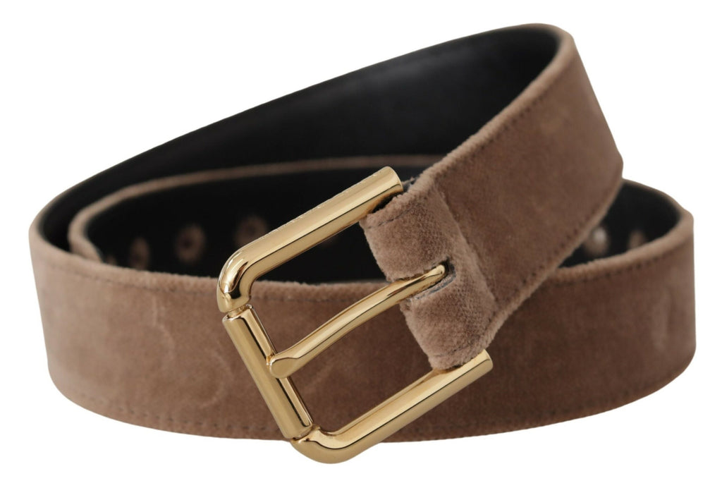 Dolce & Gabbana Hellbrauner Samtgürtel mit goldfarbener Logo-Metallschnalle