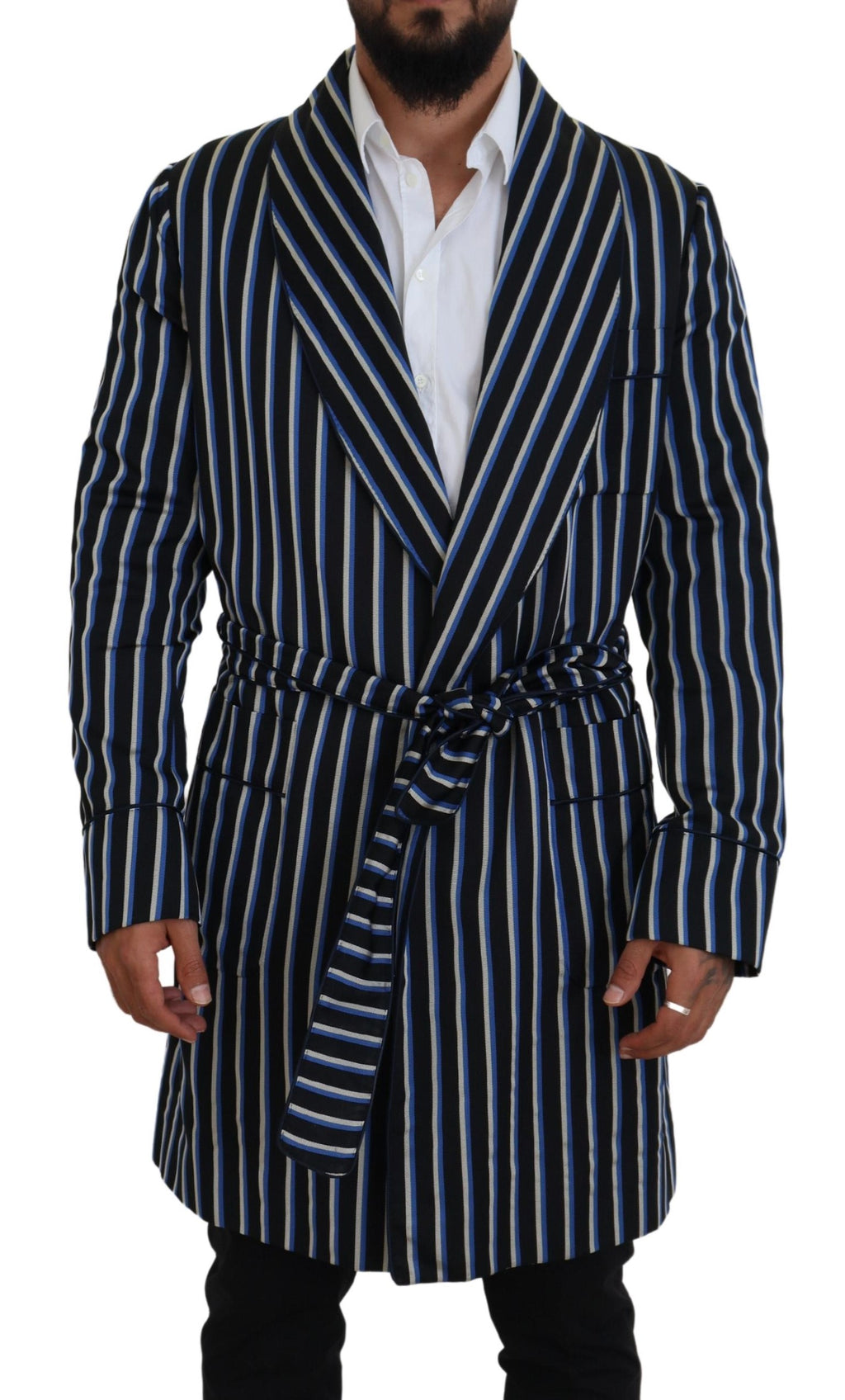 Dolce & Gabbana Schwarzblauer Martini-Bademantel mit bedrucktem Futter