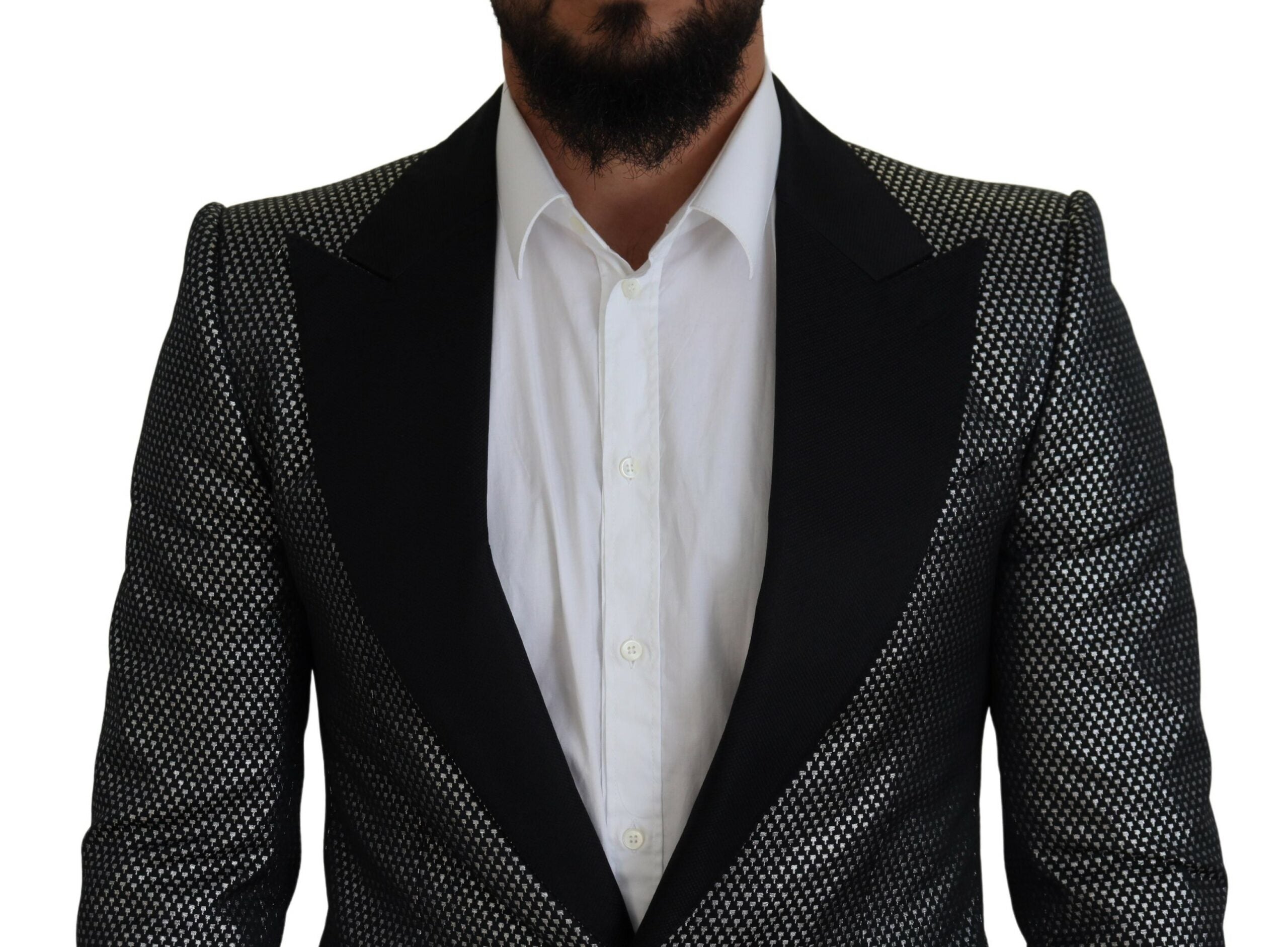 Dolce & Gabbana Schwarz Silber Jacquard Slim Fit Jacke Blazer