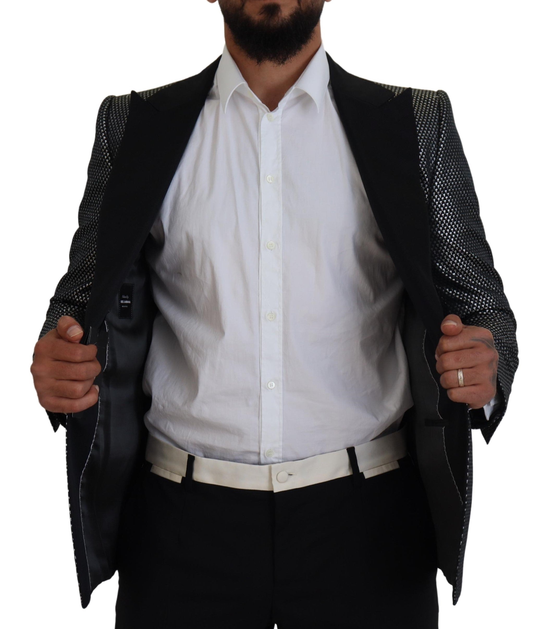 Dolce & Gabbana Schwarz Silber Jacquard Slim Fit Jacke Blazer