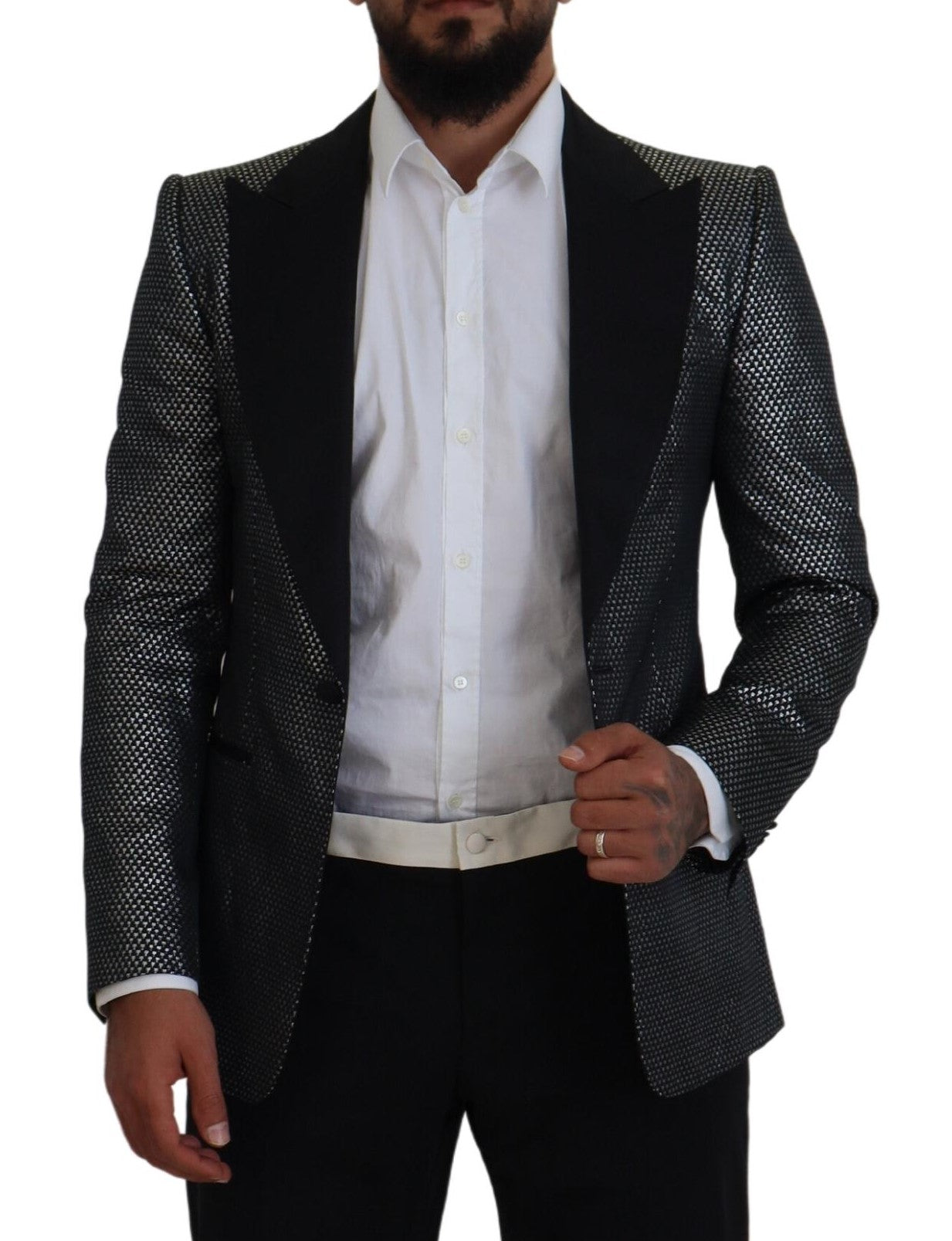 Dolce & Gabbana Schwarz Silber Jacquard Slim Fit Jacke Blazer