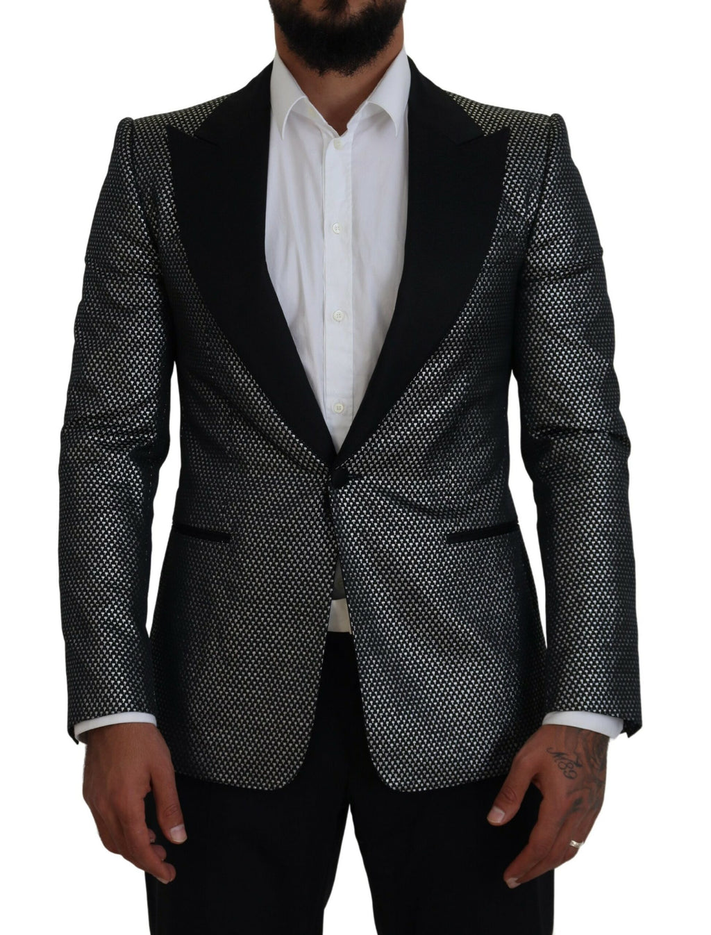 Dolce & Gabbana Schwarz Silber Jacquard Slim Fit Jacke Blazer