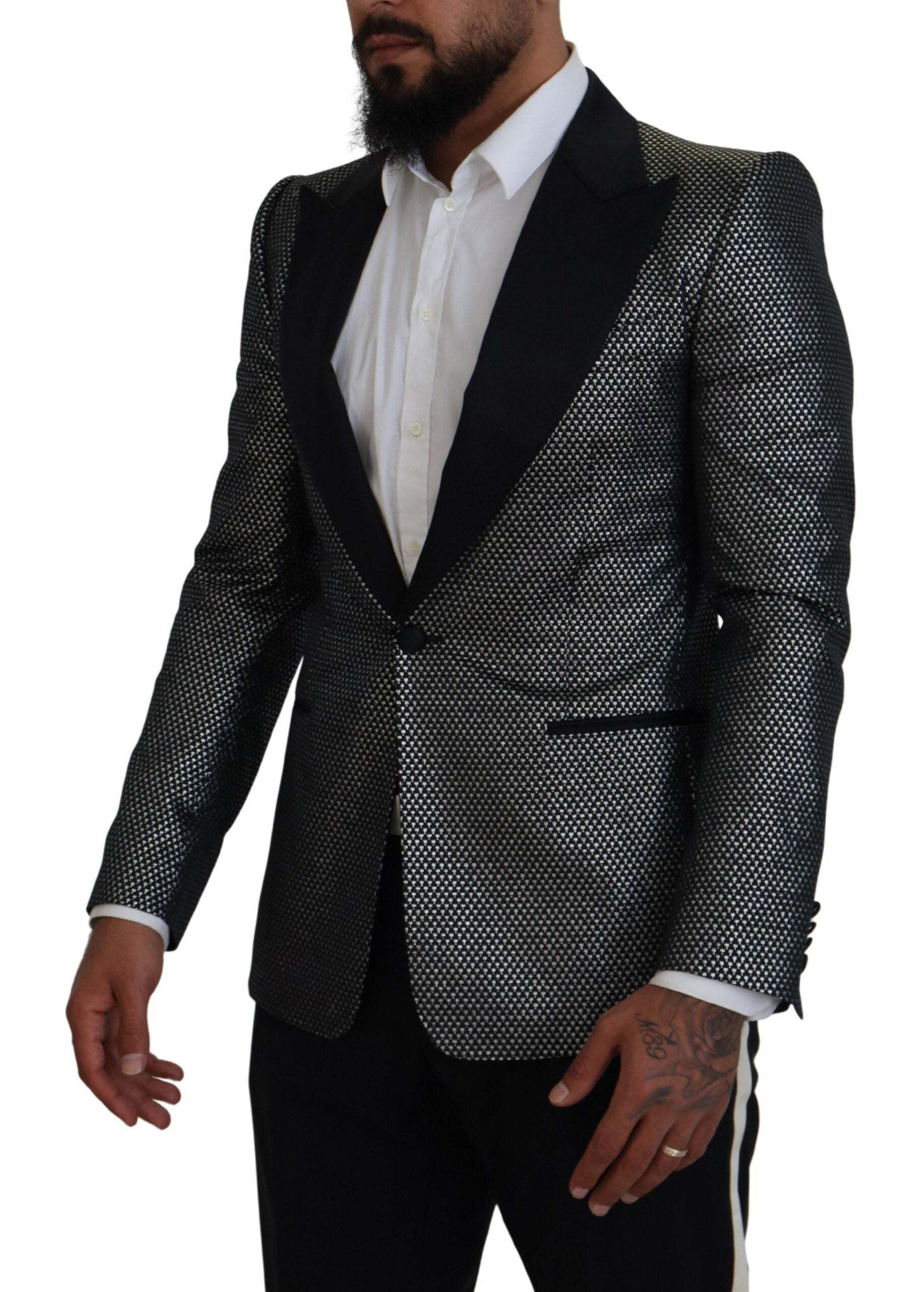 Dolce & Gabbana Schwarz Silber Jacquard Slim Fit Jacke Blazer