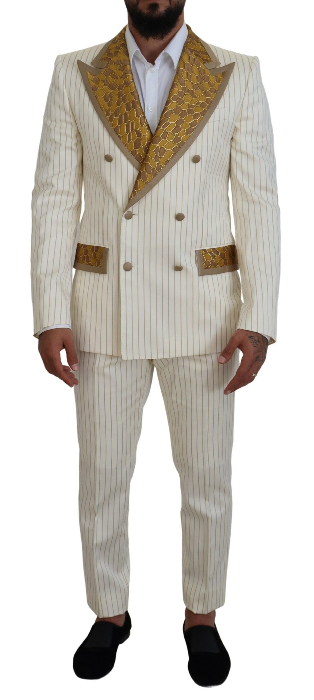 Dolce & Gabbana Off White Gold gestreifter Tuxedo Slim Fit Anzug