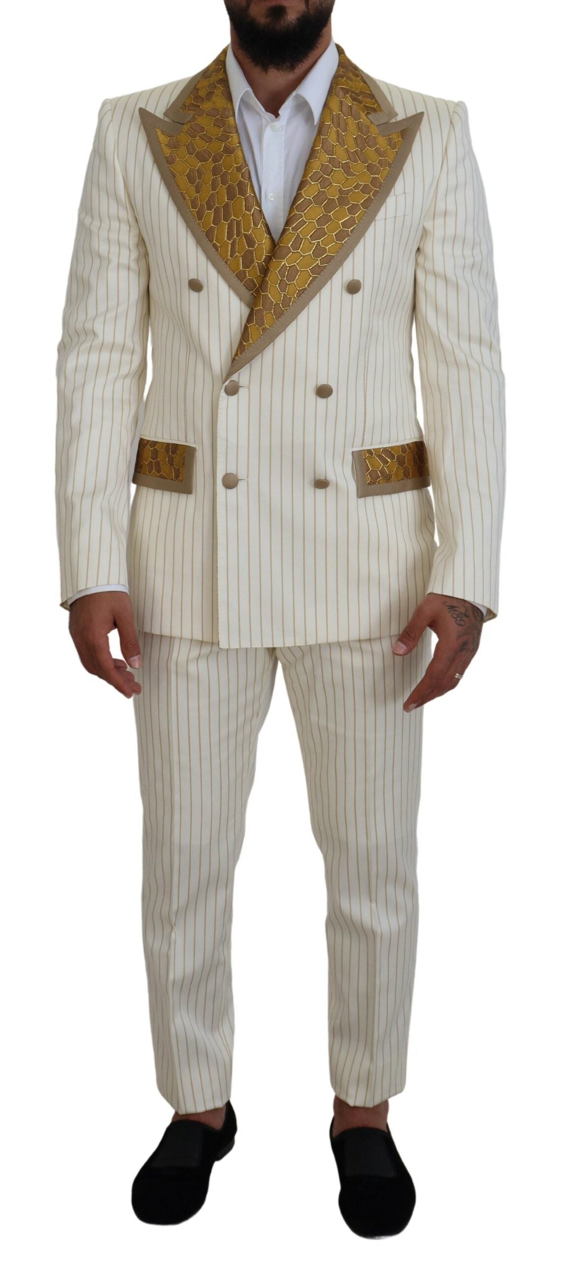 Dolce & Gabbana Off White Gold gestreifter Tuxedo Slim Fit Anzug