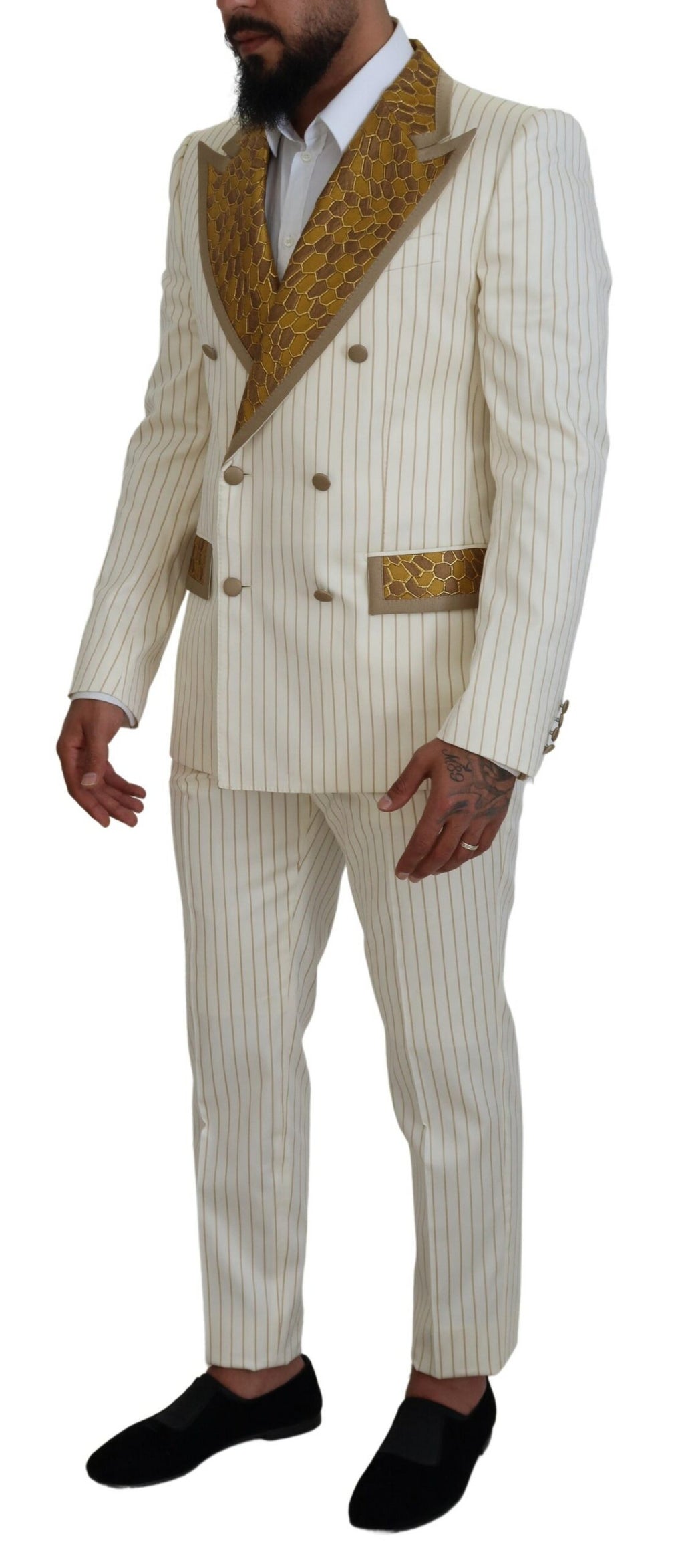 Dolce & Gabbana Off White Gold gestreifter Tuxedo Slim Fit Anzug