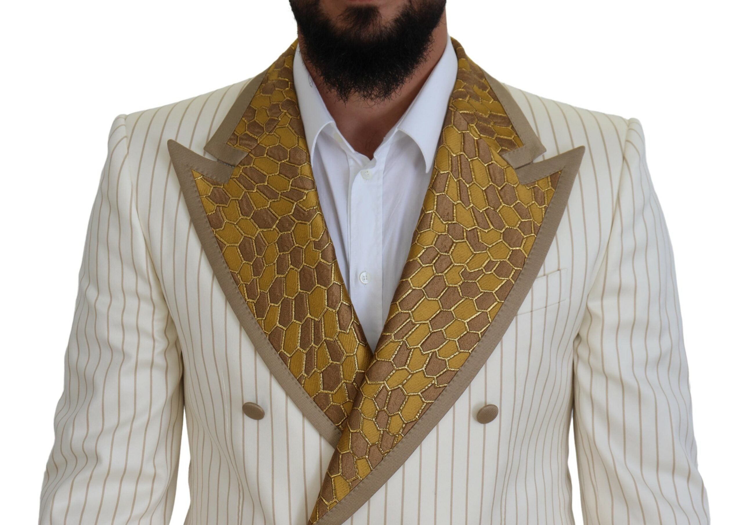 Dolce & Gabbana Off White Gold gestreifter Tuxedo Slim Fit Anzug