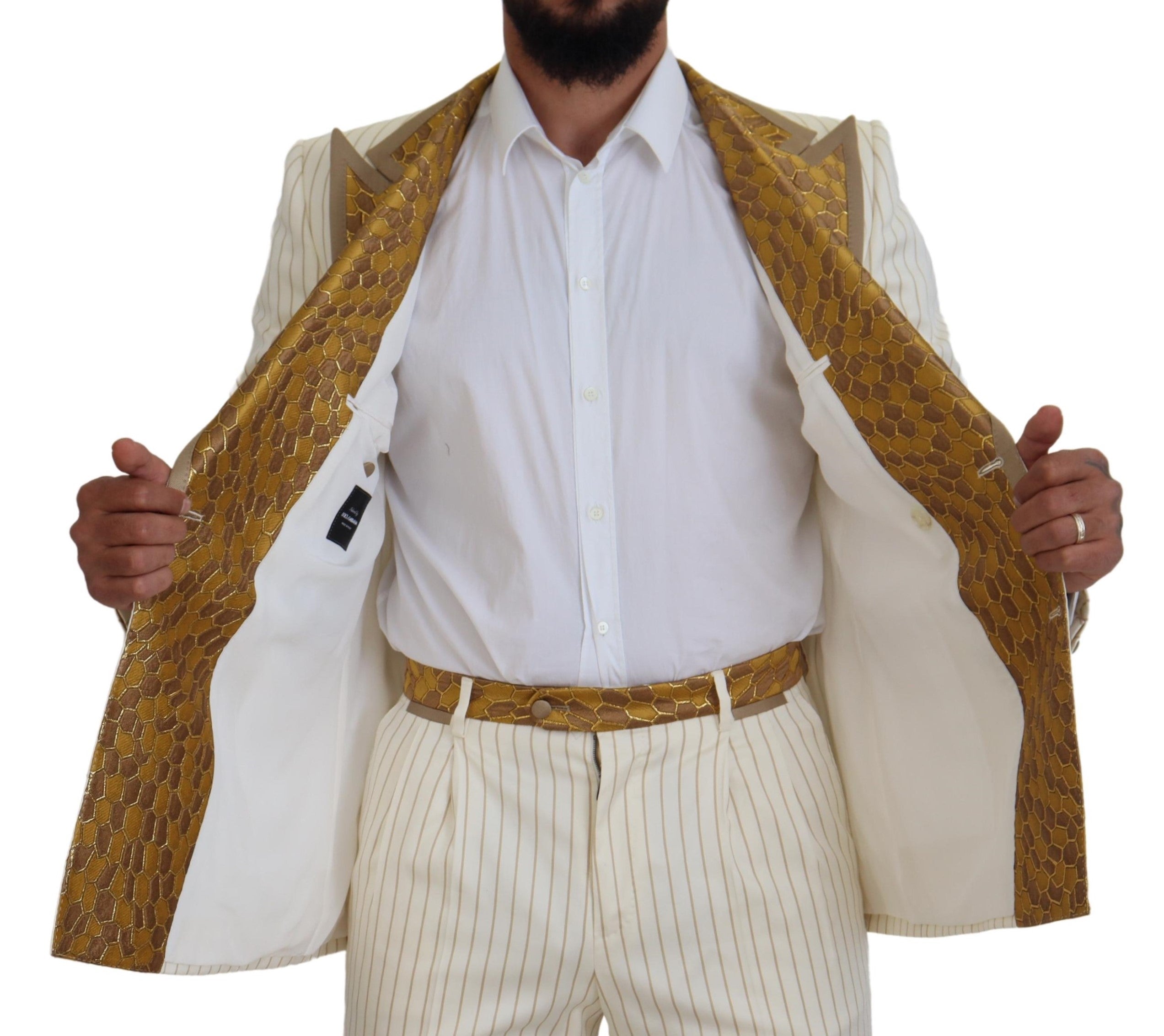 Dolce & Gabbana Off White Gold gestreifter Tuxedo Slim Fit Anzug