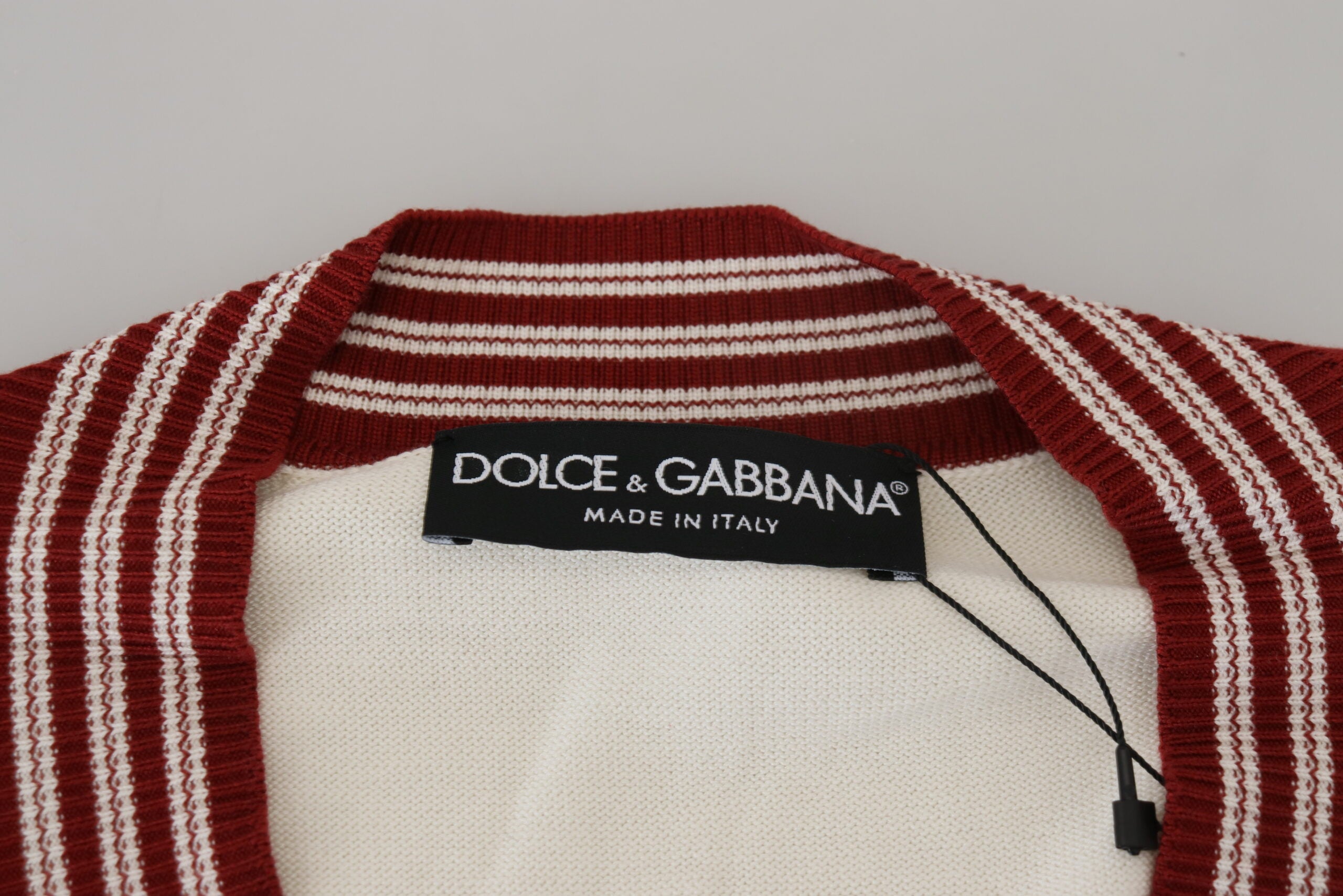 Dolce & Gabbana Weiß-Rot gestrickter Pullover mit V-Ausschnitt