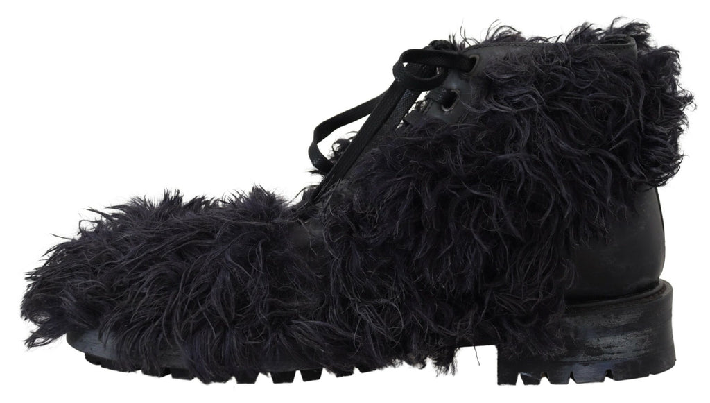 Dolce & Gabbana Schwarz Leder Combat Shearling Stiefel Schuhe