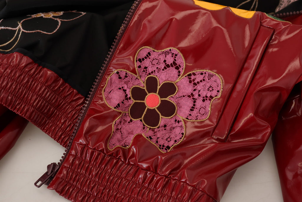 Dolce & Gabbana Maroon Floral Full Zip Polyester Damen Jacke