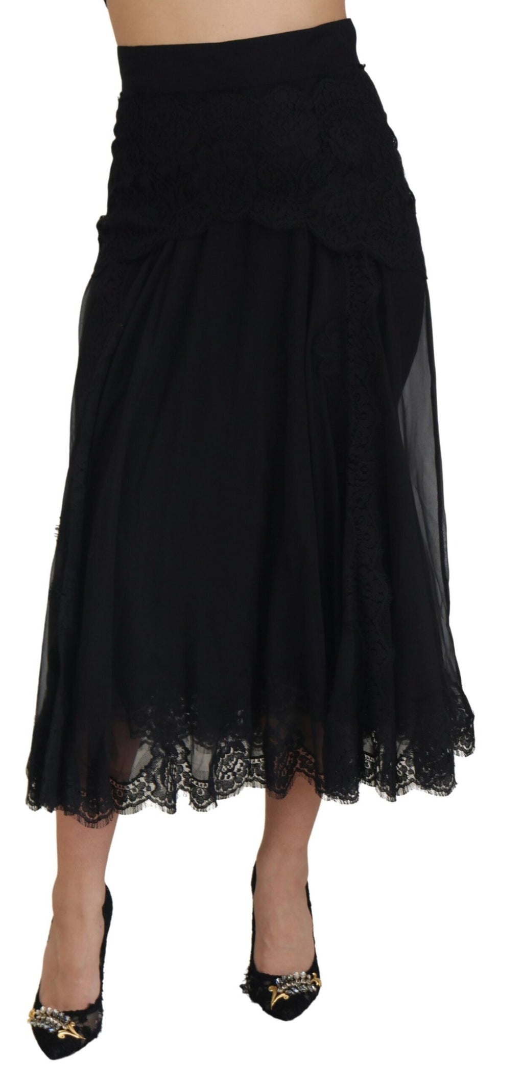 Dolce & Gabbana Schwarzer Seiden-Spitzenbesatz Midirock mit hoher Taille