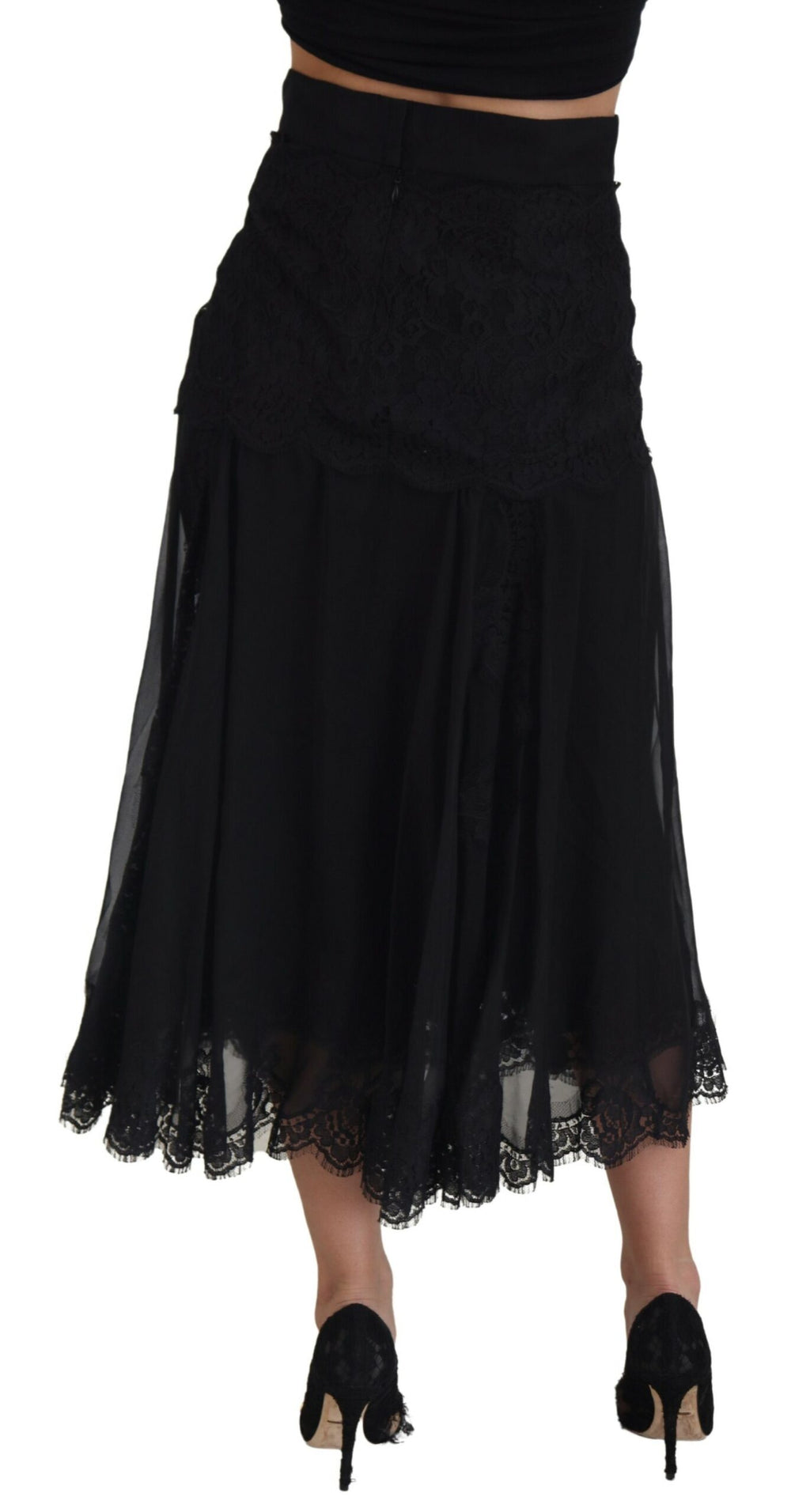 Dolce & Gabbana Schwarzer Seiden-Spitzenbesatz Midirock mit hoher Taille