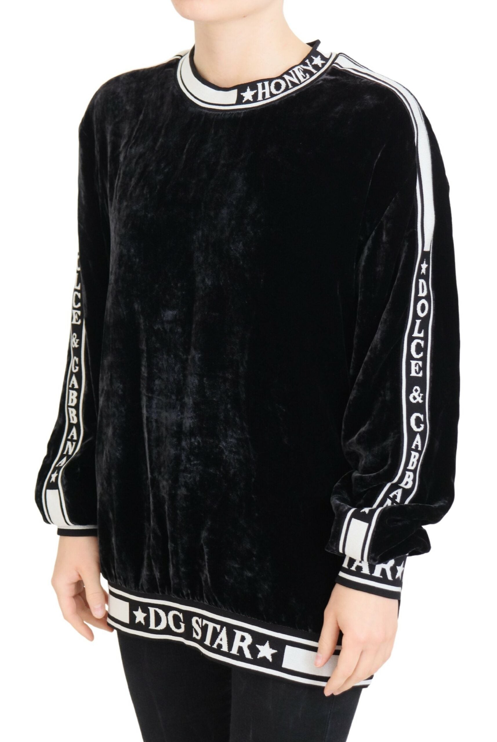 Dolce & Gabbana Schwarzer Pullover mit Rundhalsausschnitt aus Samt