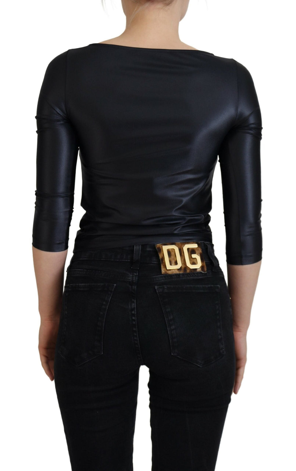 Dolce & Gabbana Schwarzes Baumwoll-Stretch-Oberteil mit offener Brust und 3/4-Ärmeln