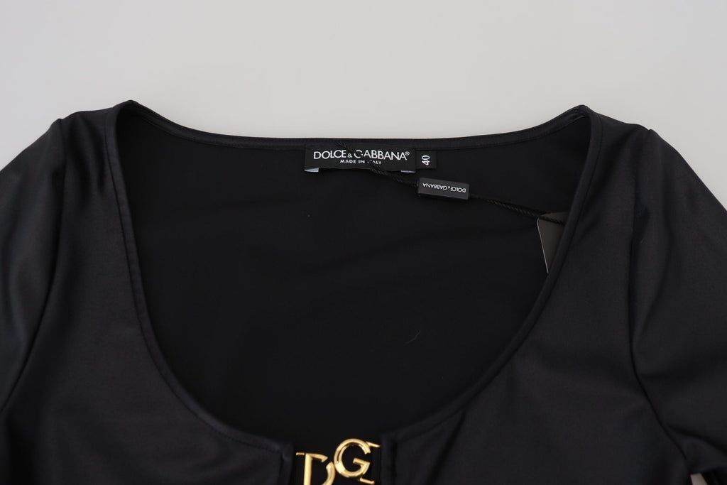 Dolce & Gabbana Schwarzes Baumwoll-Stretch-Oberteil mit offener Brust und 3/4-Ärmeln