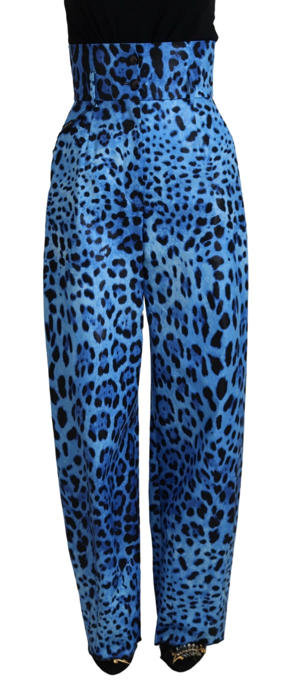 Dolce & Gabbana Blaue Hose mit Leopardenmuster und hoher Taille