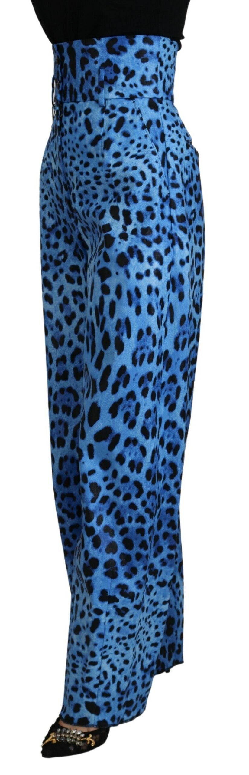 Dolce & Gabbana Blaue Hose mit Leopardenmuster und hoher Taille