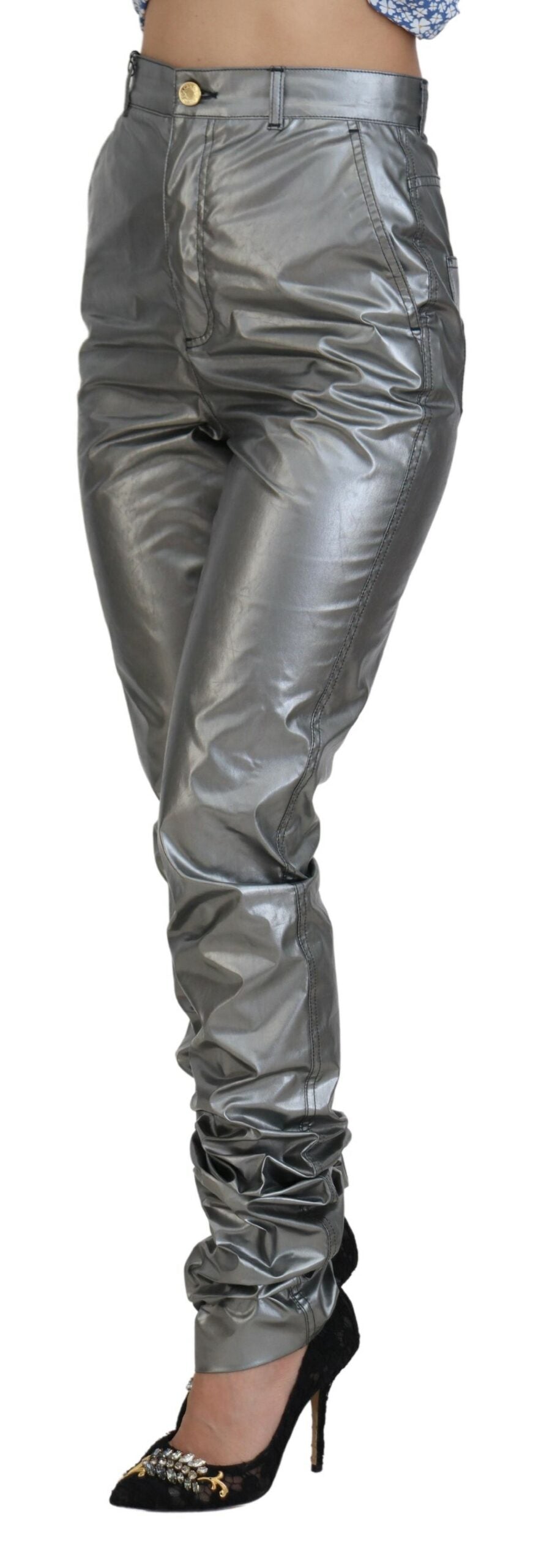 Dolce & Gabbana Metallic-Silberne Skinny-Hose mit hoher Taille