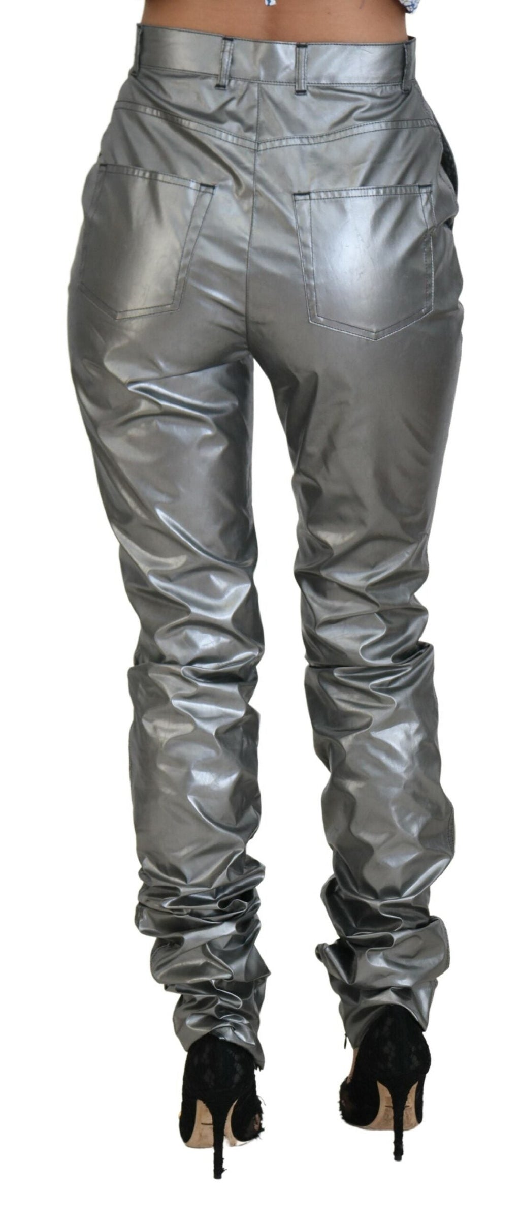 Dolce & Gabbana Metallic-Silberne Skinny-Hose mit hoher Taille