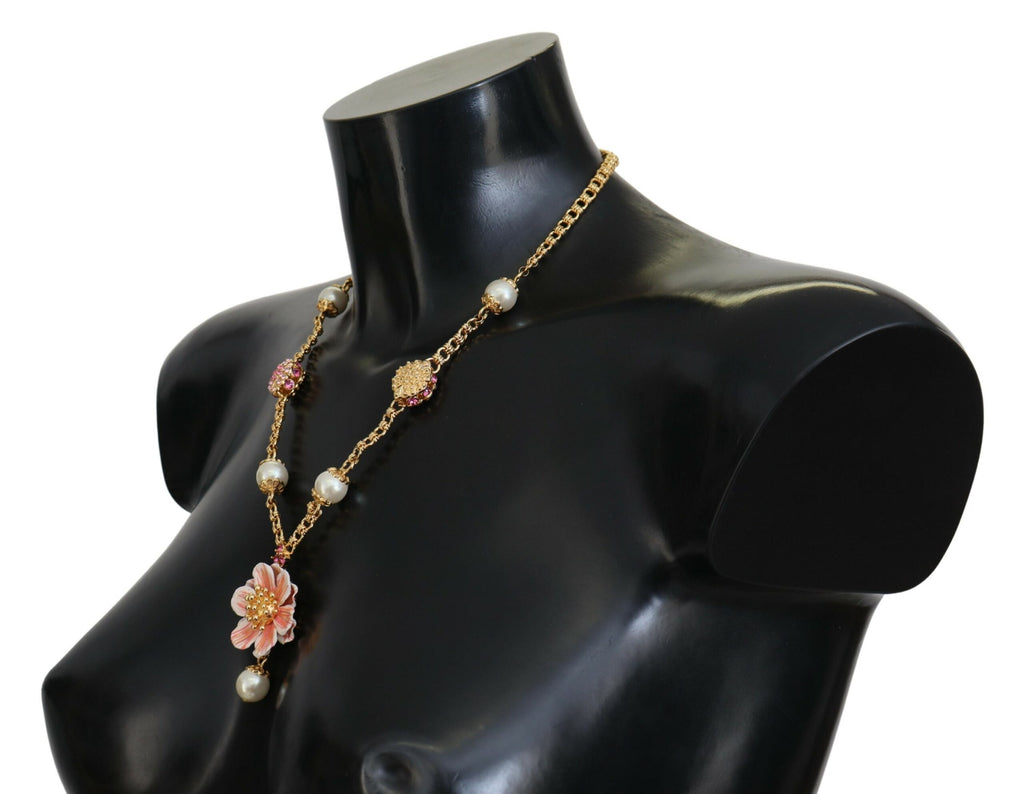 Dolce & Gabbana Goldfarbene Blumenkristalle Rosa verschönerte Halskette