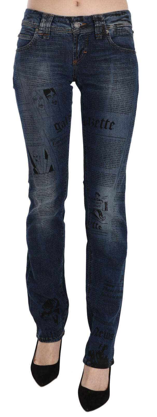 John Galliano Blaue Skinny Denim-Hose mit Zeitungsdruck und niedriger Taille