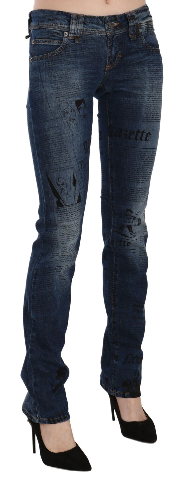 John Galliano Blaue Skinny Denim-Hose mit Zeitungsdruck und niedriger Taille